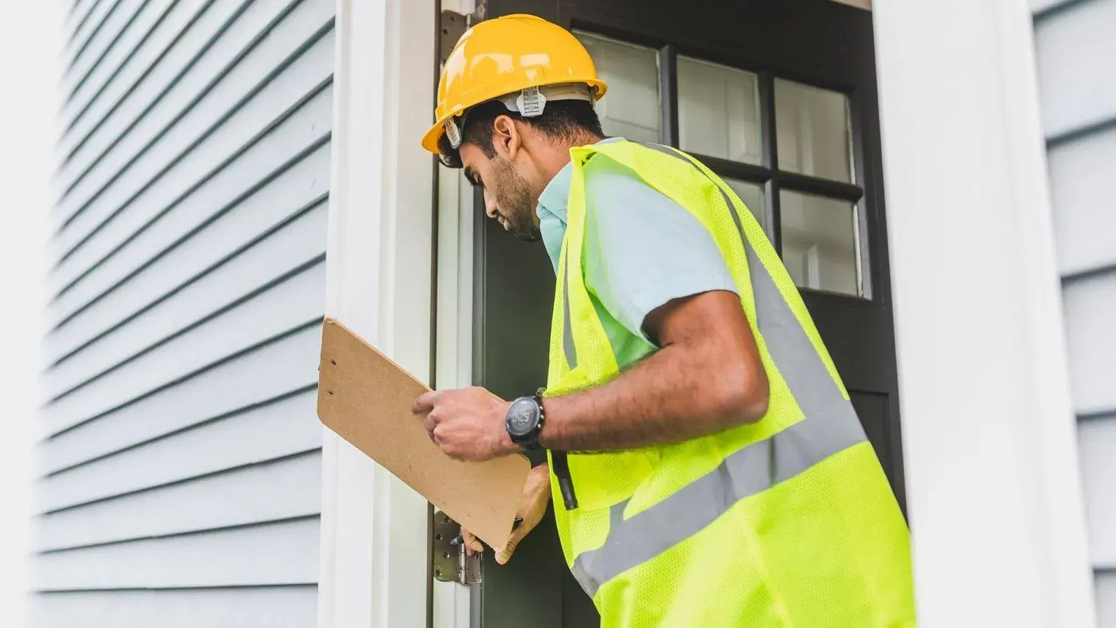An inspector with a clipboard and hard hat examining a property, representing an independent loss adjuster's site visit