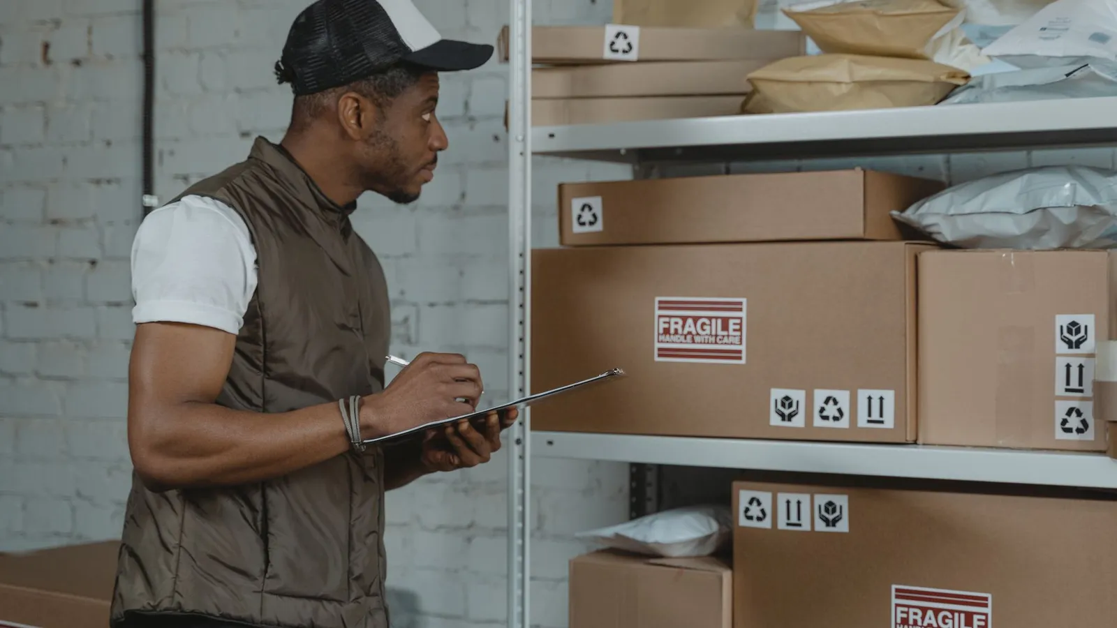 A warehouse worker checking stock on shelves against a clipboard, representing the physical reconciliation that catches inventory fraud