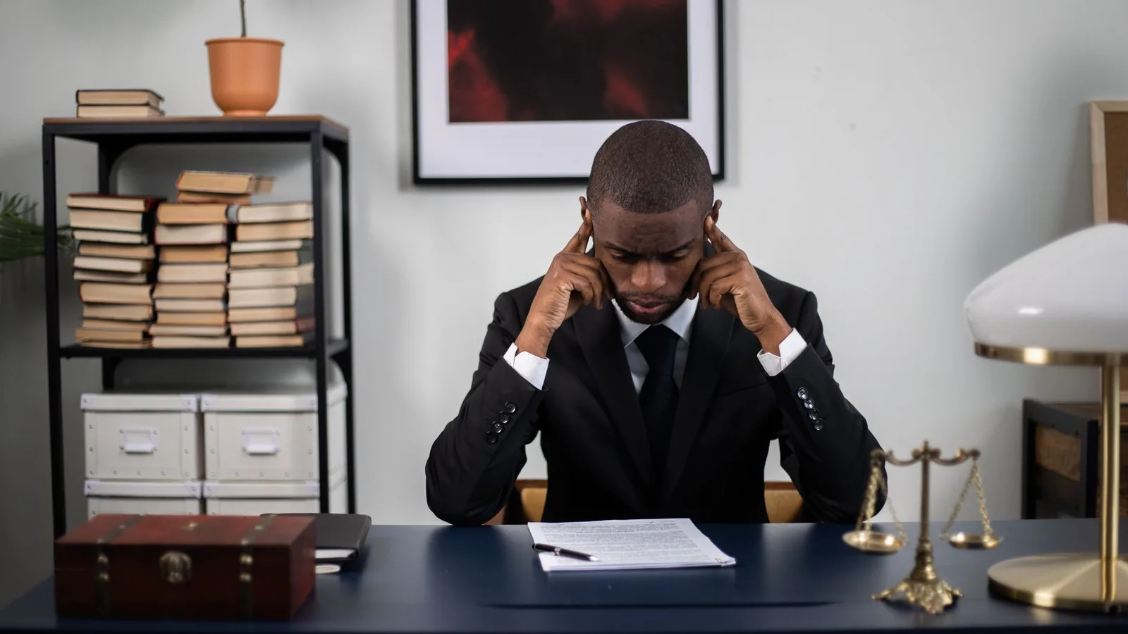 A man in a suit sitting at a desk with law books and scales of justice, representing the search for hidden litigation history before a major deal