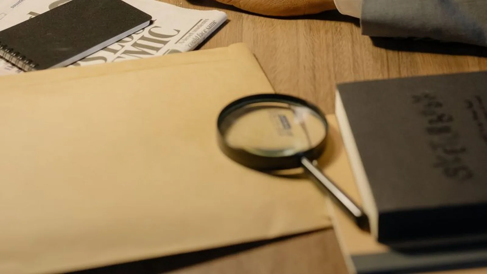 A magnifying glass resting on documents and notebooks on a desk, representing tracing the real ownership structure behind a deal