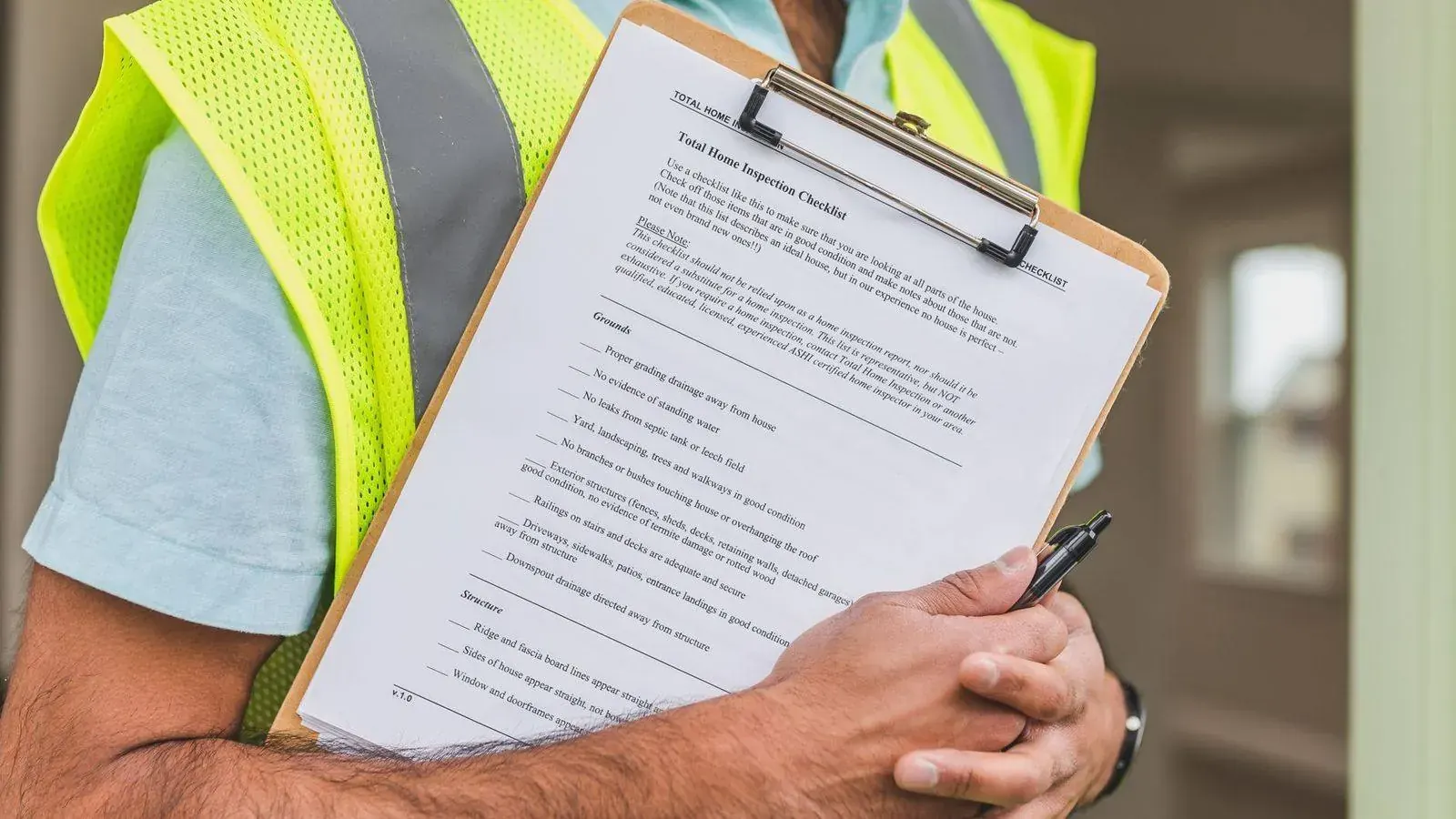Inspector holding a site inspection checklist on a clipboard, representing an independent investigation into a suspected fraud