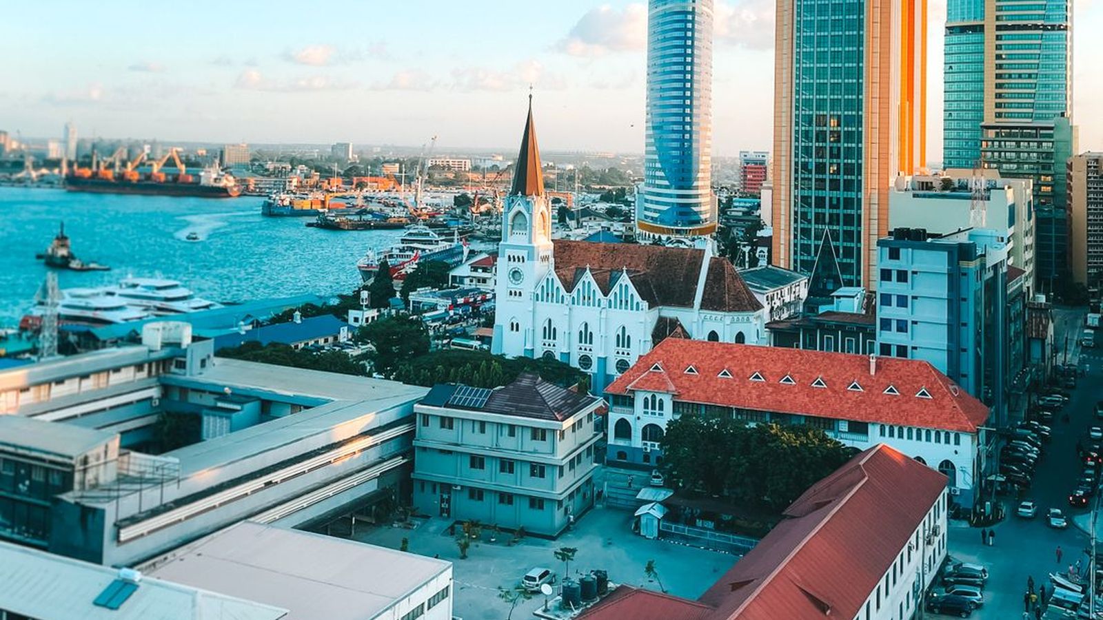Aerial view of Dar es Salaam's business district, Tanzania, where FP Adjusters investigates corporate and business fraud