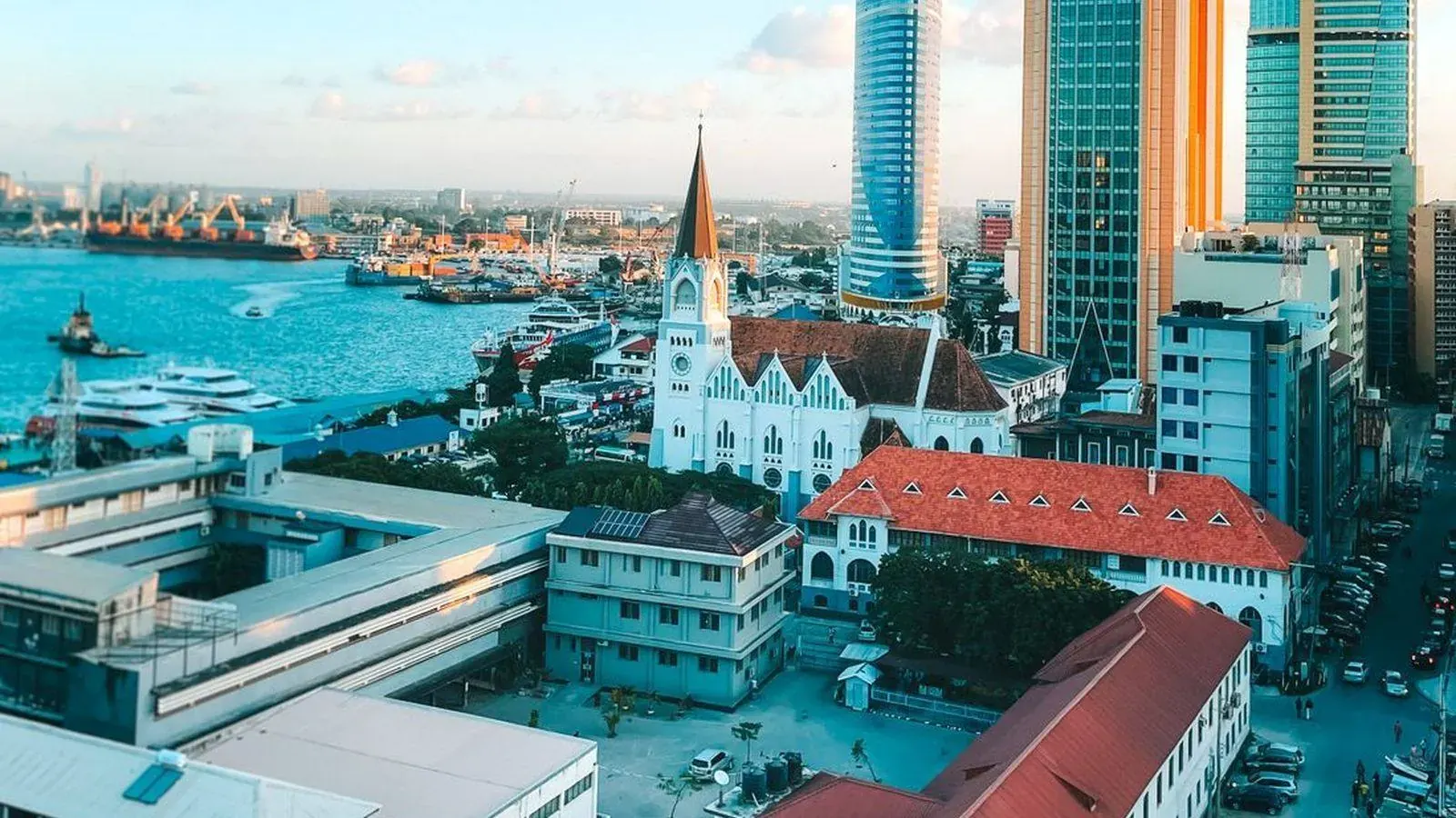 Aerial view of Dar es Salaam's business district, Tanzania, where FP Adjusters investigates corporate and business fraud