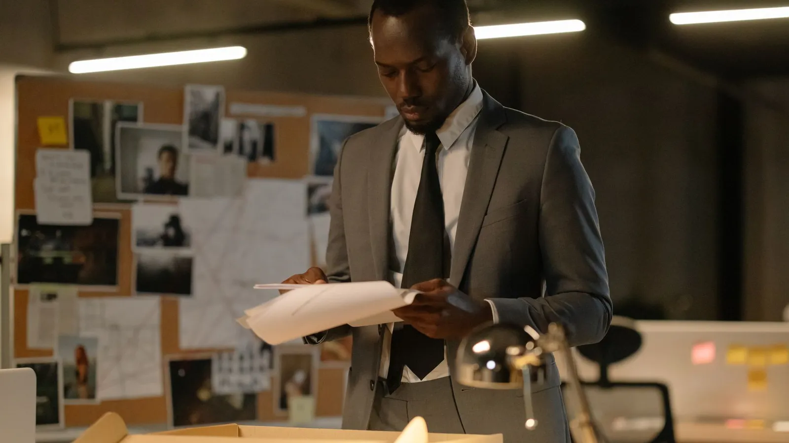 An investigator in an office reviewing a document in front of a case board, representing the lawful, documented nature of professional investigation