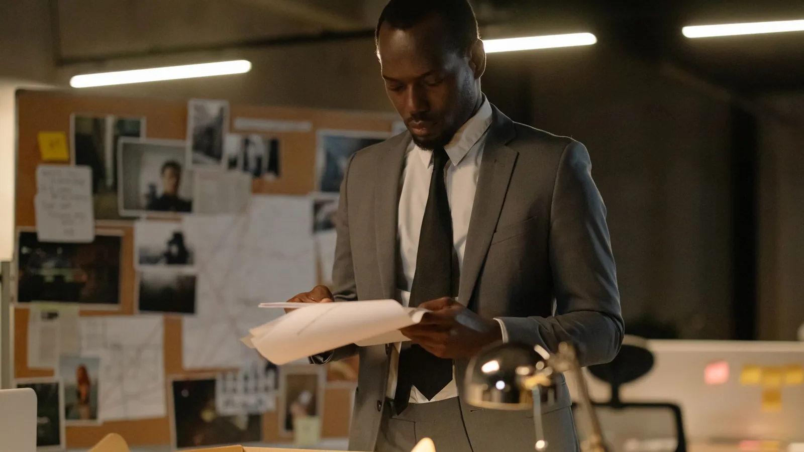 A man in a suit reviewing case notes in front of an evidence board, representing the full range of services a private investigation firm in Tanzania offers