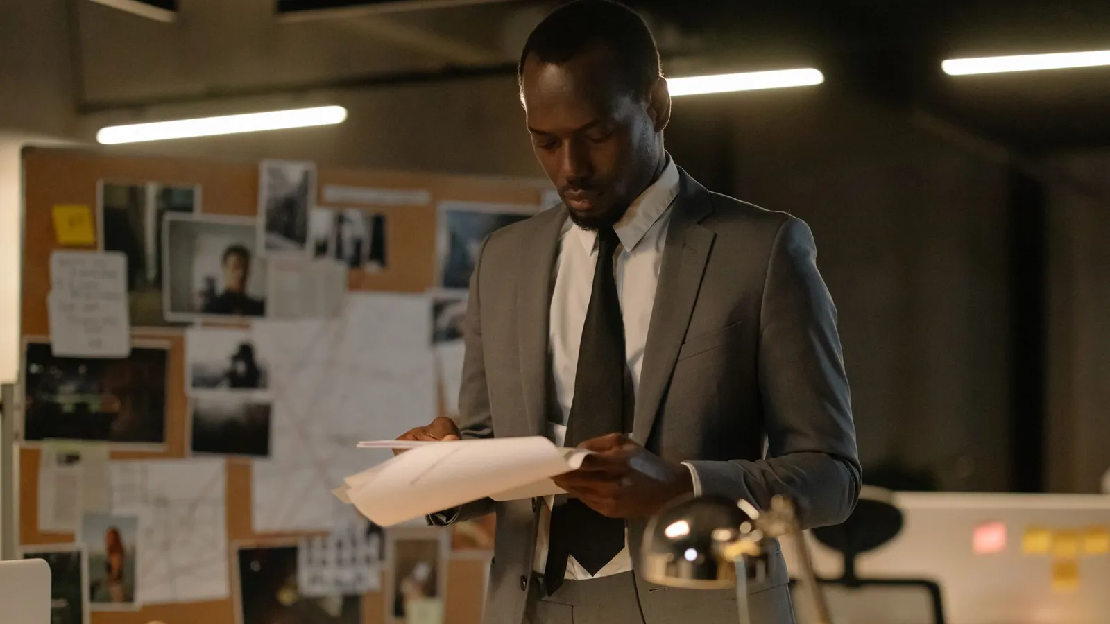 A man in a suit reviewing photographic evidence pinned to a board, representing the standard a final investigation report should actually meet
