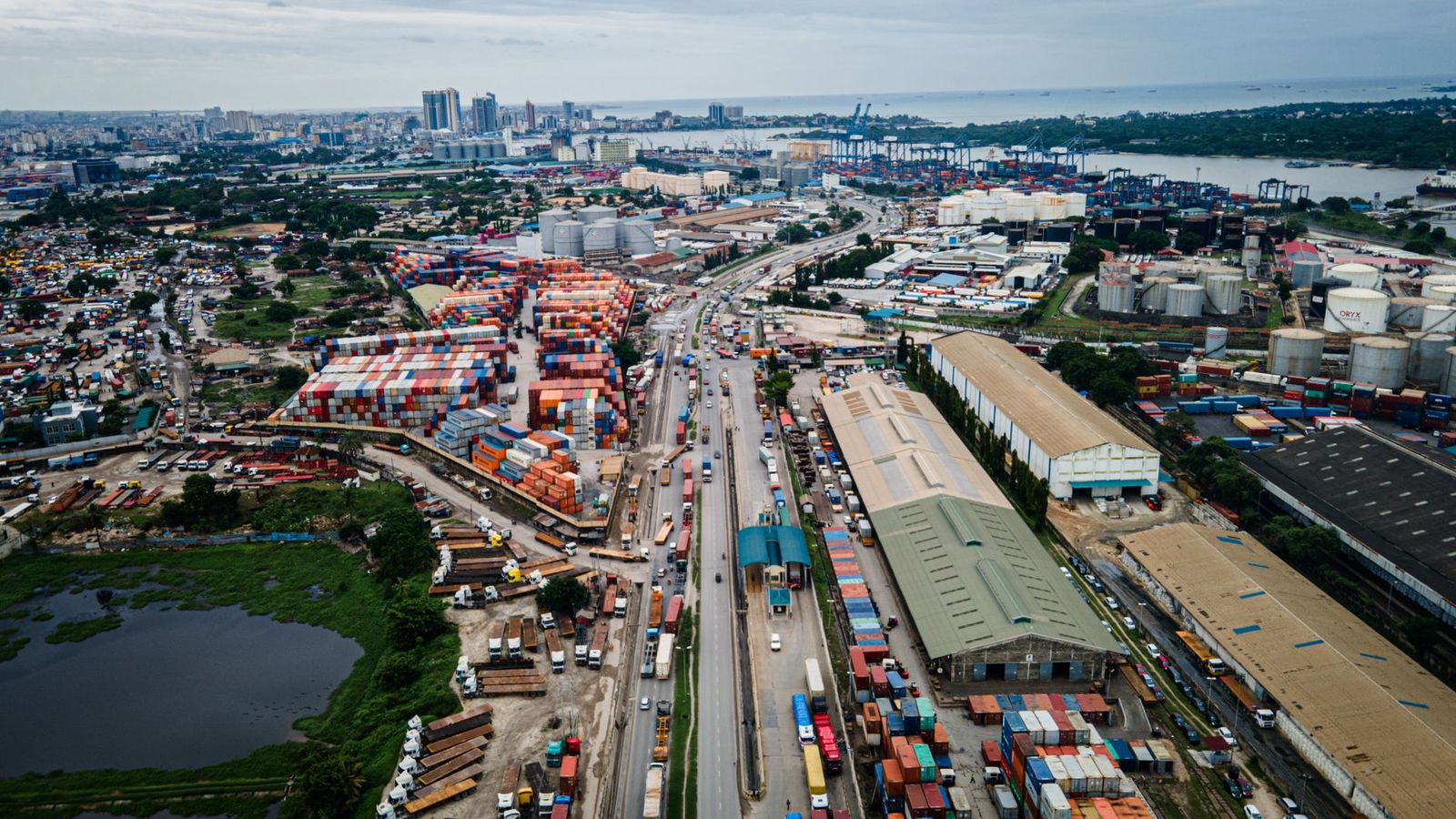 Aerial view of the Port of Dar es Salaam with shipping containers, where many cargo insurance claims originate