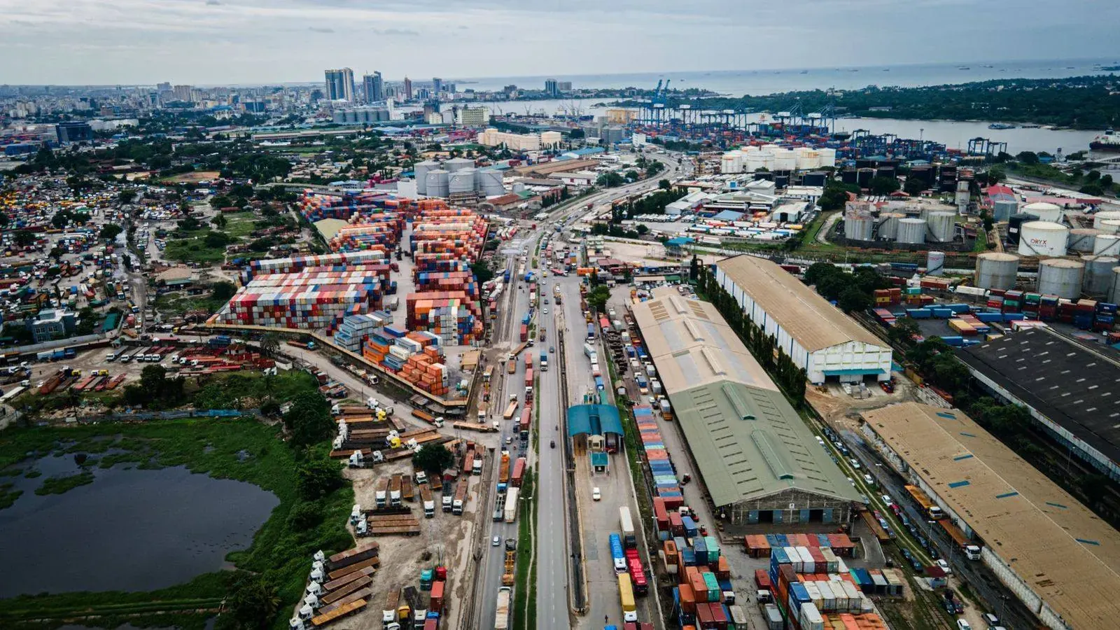 Aerial view of the Dar es Salaam port and container terminal, Tanzania